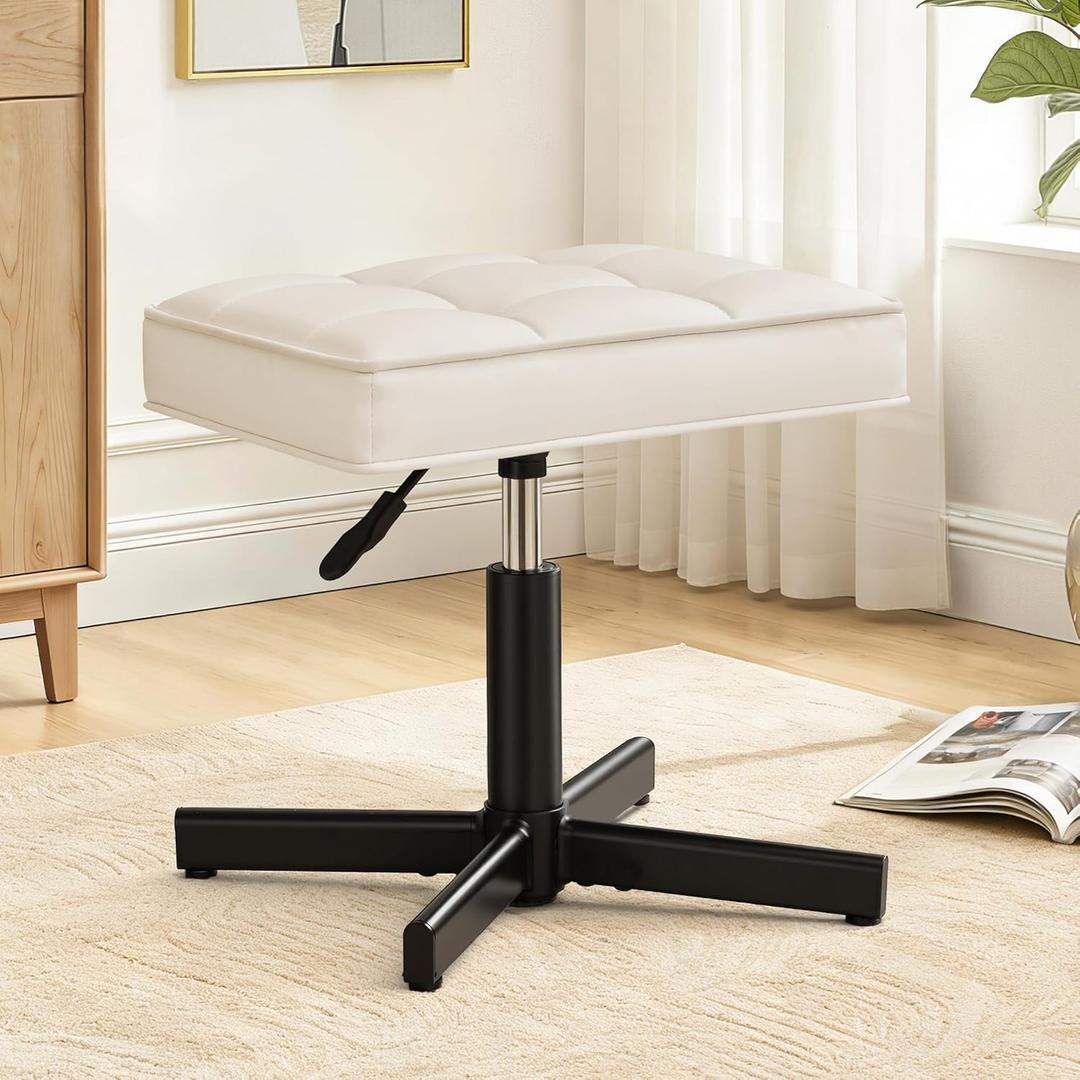 LUE BONA Adjustable Vanity Stool, 15''-19.5'' Foot Rest Under Desk, 360 Swivel Vanity Chair for Makeup Room, Cream Upholstered Faux Leather Ottoman for Bathroom & Living Room, 300lbs