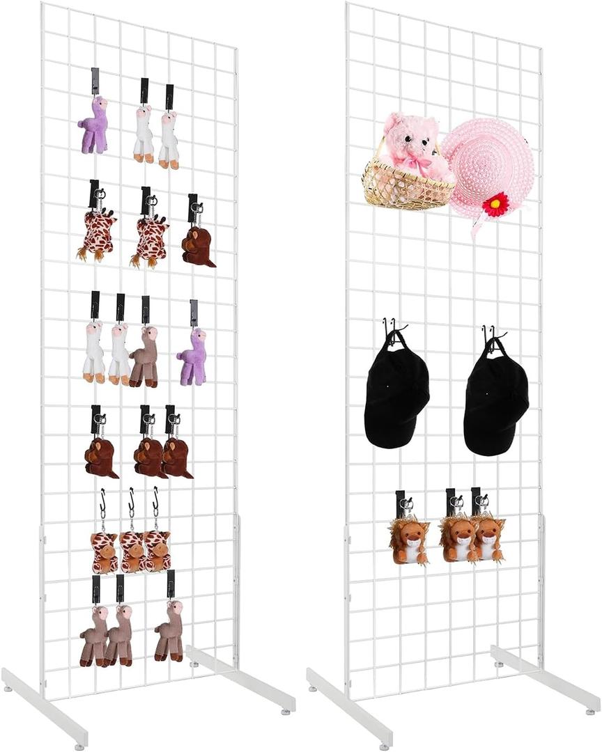 2' x 6' Grid Wall Panel Floorstanding Display Fixture with Deluxe T-Style Base, White. Two-Pack Combo.