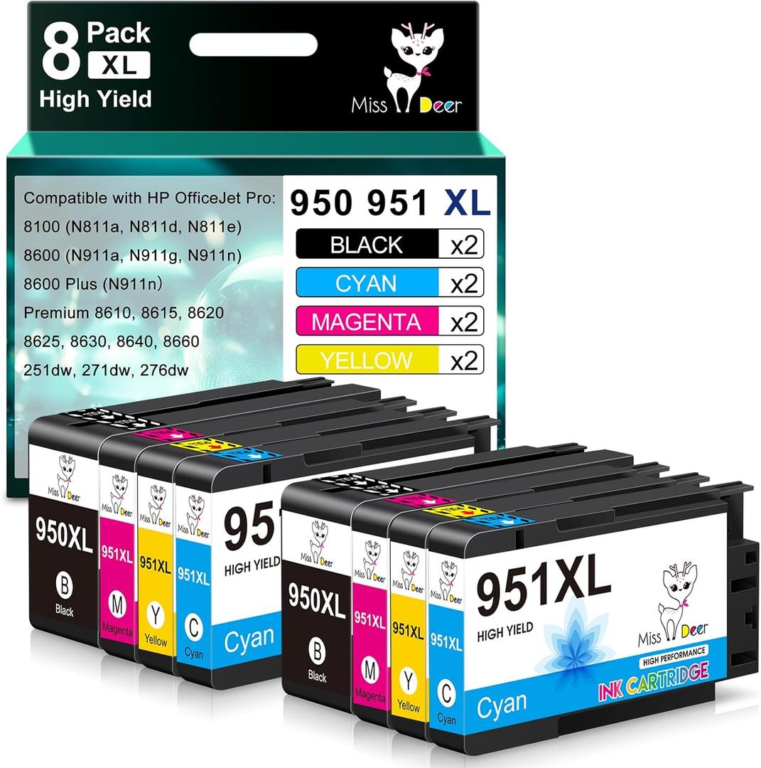 Miss Deer 950 951 Ink Cartridges Combo Pack, Compatible Ink Cartridges Replacement for HP 950 951XL,Work for HP Officejet Pro 8610 8600 8620 8630 8640 8100 8615 251dw 271dw 276dw