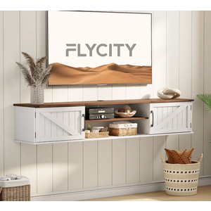 Floating TV Stand with Doors, 63'' Farmhouse Floating TV Shelf for TVs up to 80 Inch, 2 Tier Wall Mounted TV Stand, Floating Entertainment Center, TV Floating Cabinet for Living Room, Bedroom, White