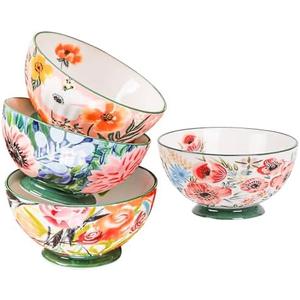 Gnlnkn Set of 4 Hand-Painted Ceramic Bowls with Underglaze Decoration, 5.5 Inch – Floral Pattern, Microwave & Dishwasher Safe