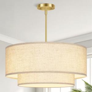 20" Large Modern Drum Chandelier, 2-Layer Linen Fabric Shade Pendant Light