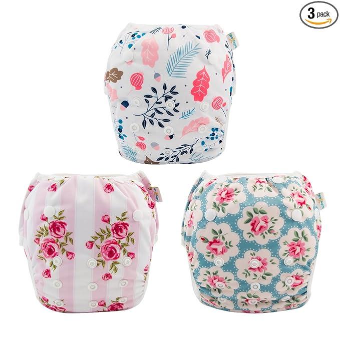 Babygoal Baby Girl Swim Diapers 3 Pack for 8M 3T Babies and Toddlers, Reusable Adjustable Washable for Swimming LessonsFlower