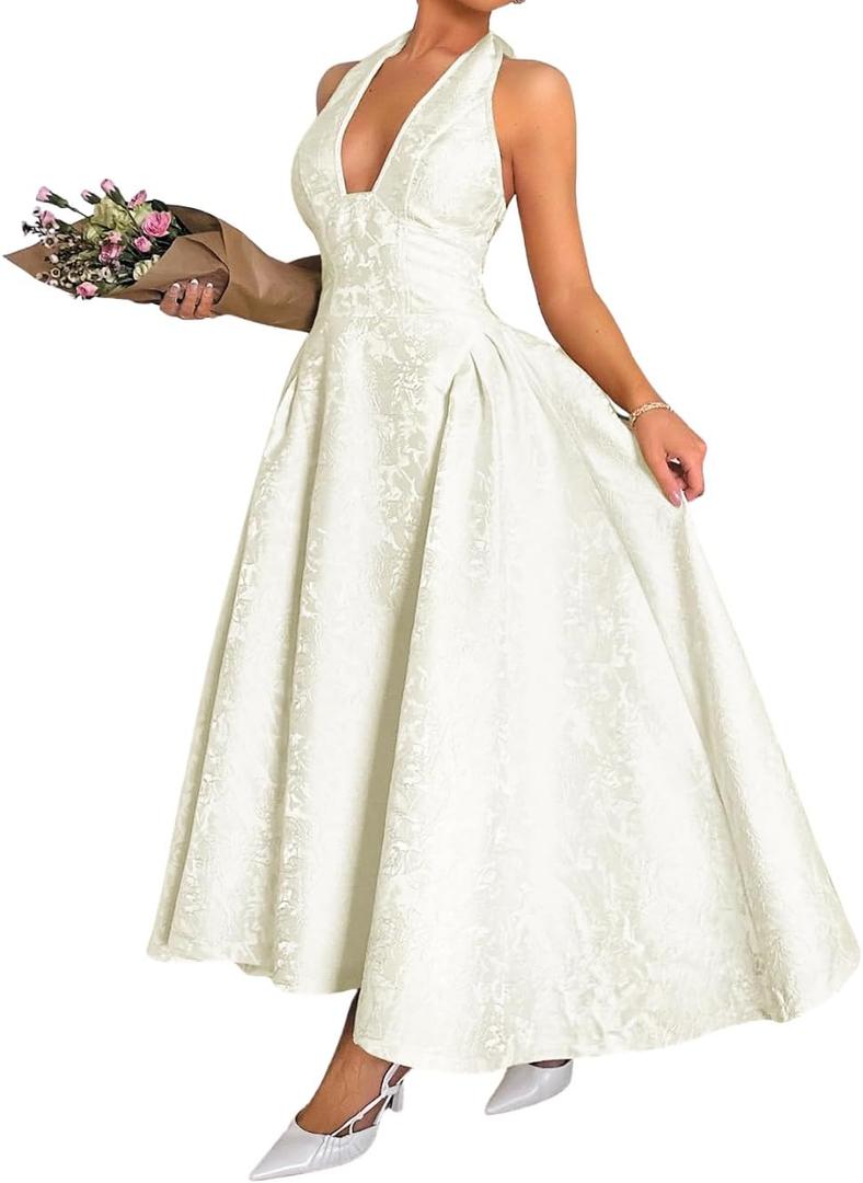 ChiaoLezhee Jacquard Maxi Dress, V Neck A Line, Wedding Guest Prom, Halter Corset Pastel Tea Party Vacation Semi Formal White, X-Large
