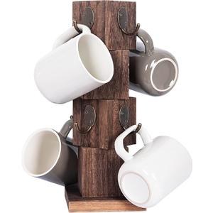 Coffee Mug Holder Tree, Rustic Solid Wood Mug Tree Stand with 8 Hooks, Farmhouse Coffee Cup Holder for Counter, Mug Hanger for Kitchen Organizer, Brown