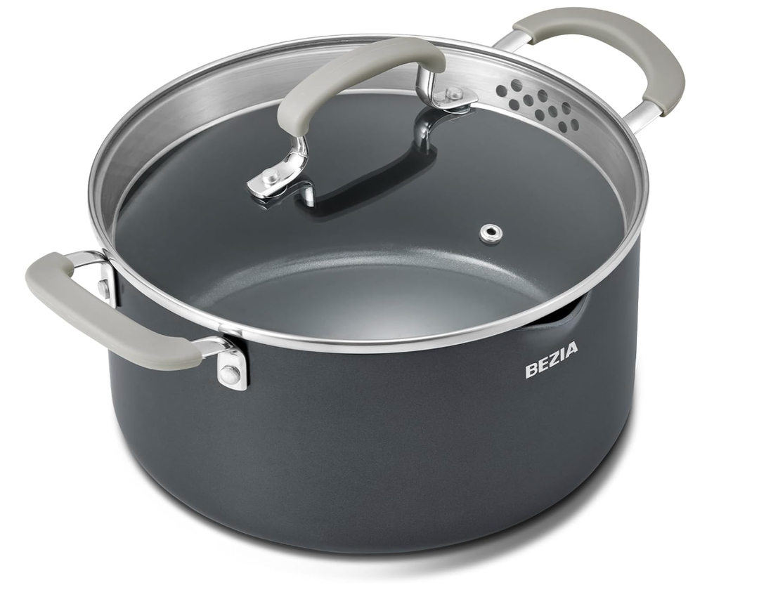 6 Quart Nonstick Stock Pot with Lid, BEZIA PFAS-Free Ceramic Soup Pot, Multipurpose Pasta Pot with Strainer Lid, Induction Cooking Pot, Silicone Handle, Compatible with All Cooktops, Dishwasher Safe