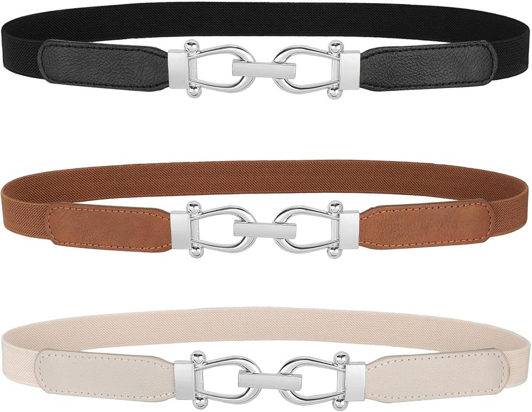 JASGOOD Women Skinny Elastic Belt for Dresses,Thin Retro Stretch Waist Belt with Golden Buckle (XS Belt Length 23in,Up to 27in, A-black+brown+beige(silver Buckle))