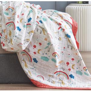 Rainbow Unicorn Happy Playing Muslin Blanket Reversible 100% Cotton 6 Layer Quilt Bed Blanket Soft Warm Throw Sofa Couch Toddler Kids Cartoon Travel Coverlet Sheet (Rainbow, Crib 46" X 56")