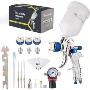 Professional HVLP Spray Gun, 1.3/1.5/1.8mm Nozzle HVLP High Atomization Flow Adjustable Pneumatic Gravity Spray Gun with 600cc Cup & Gauge for Paint Touch-Up(Blue)