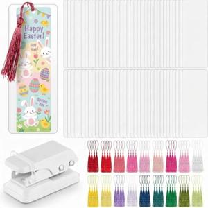 Fuyoooo 101 Pcs DIY Bookmark Making Kit Bookmark Laminating Pouches 5 Mil Hot Laminator Sleeves with Rainbow Tassels and Puncher Fit Most Pouch Laminating Machines Easter Gift(2.36 x 6.3 Inch)