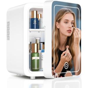 CUTIEWORLD Skincare Fridge With Dimmable LED Light Mirror, 4L Makeup Mini Fridge for Bedroom, Car, Office & Dorm, Cooler & Warmer, Portable Small Refrigerator for Cosmetics, Skin Care and Food