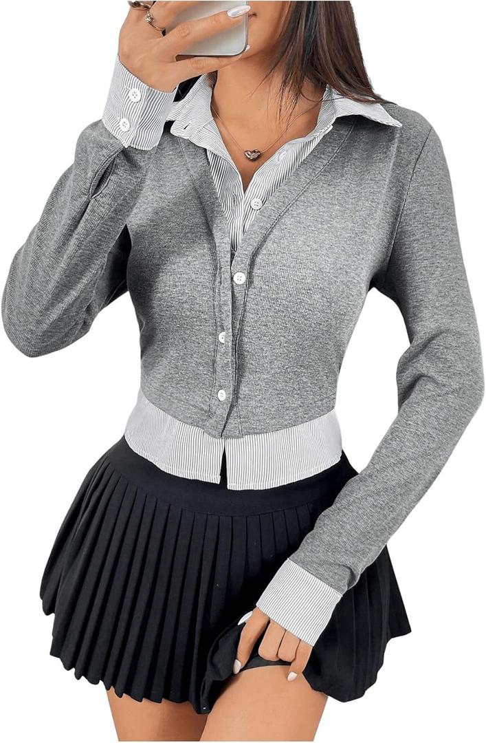 MakeMeChic Women's Casual Business Top Long Sleeve Shirts Button Down Collared Blouse Grey Medium