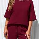 PRETTYGARDEN Women's 2 Piece Lounge Sets 2025 Summer Short Sleeve Tunic Tops Drawstring Shorts Matching Outfits Tracksuits (Wine Red,Small) (S)