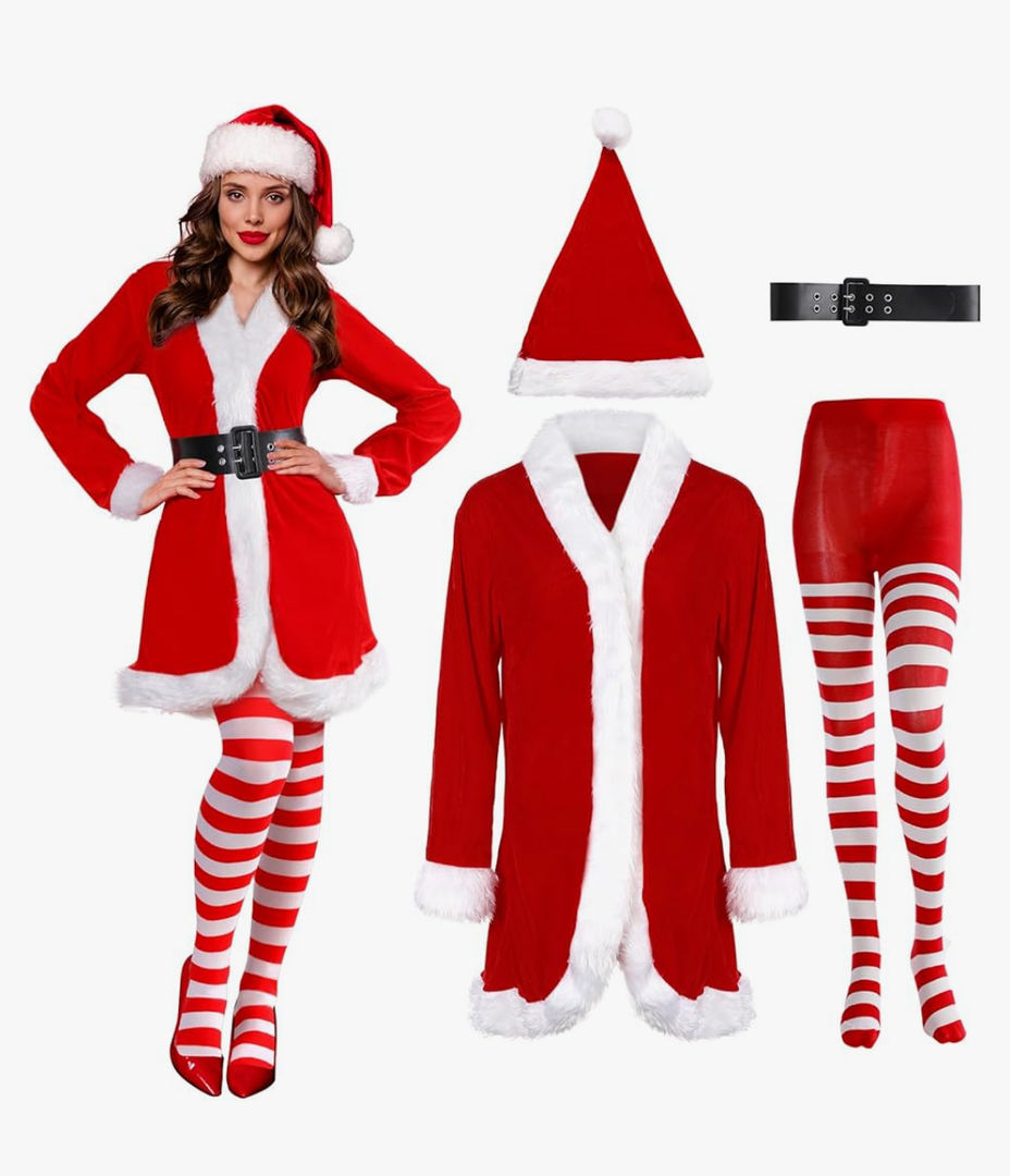 Sureio 4 Pcs Mrs Santa Claus Costume Women Christmas Dress Suit Cosplay Velvet Outfit with Belt Hat Striped Tights Elf Ears Size 2XL