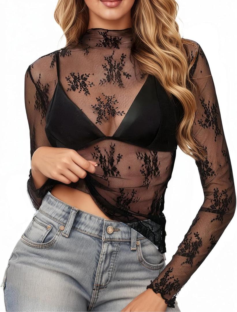 Lace Tops for Women Long Sleeve Mock Neck Mesh Top Sexy Sheer Shirts See Through Floral Blouses (XX-Large, Black)