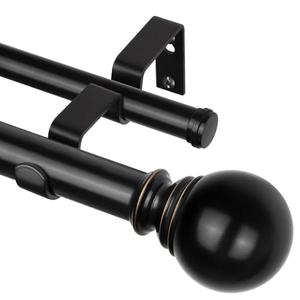 KAMANINA Black Double Curtain Rods 36 to 72 Inches(3-6 Feet), 1 Inch Heavy Duty Curtain Rods for Windows 28 to 48 In, Telescoping Curtain Rod for Bedroom, Dual Curtain Rod with Round Finials