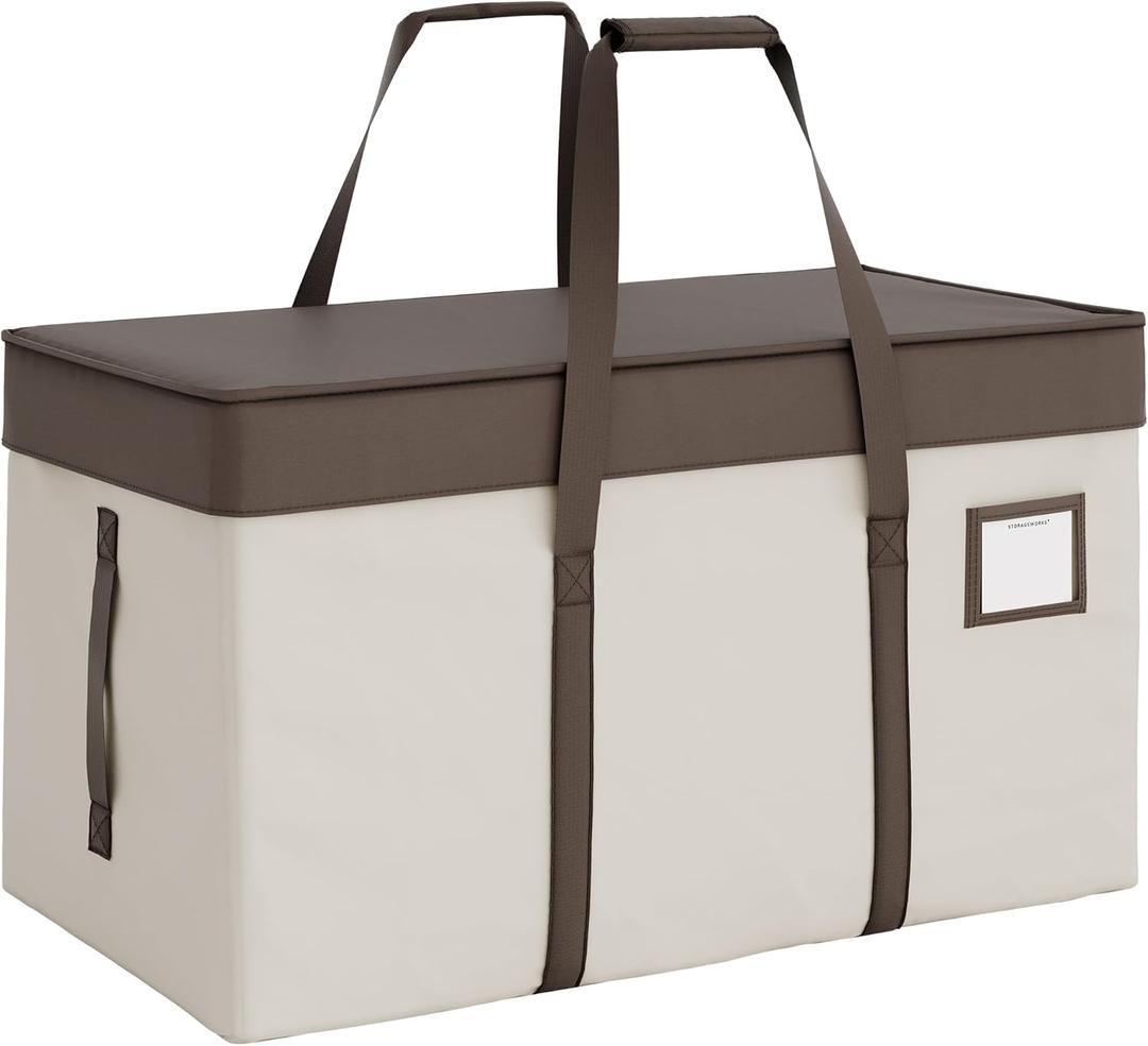 StorageWorks Extra Large Moving Bags with Lid, Heavy Duty Storage Packing Tote for Moving Supplies with Zippers & Reinforced Handles, Alternative to Moving Boxes, White and Brown, 1 Pack