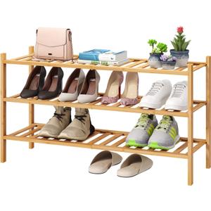 3-Tier Long Shoe Rack, Bamboo Wood Shoe Rack for Closet, Entryway & Hallway, Stackable | Beautiful | Functional | Sturdy