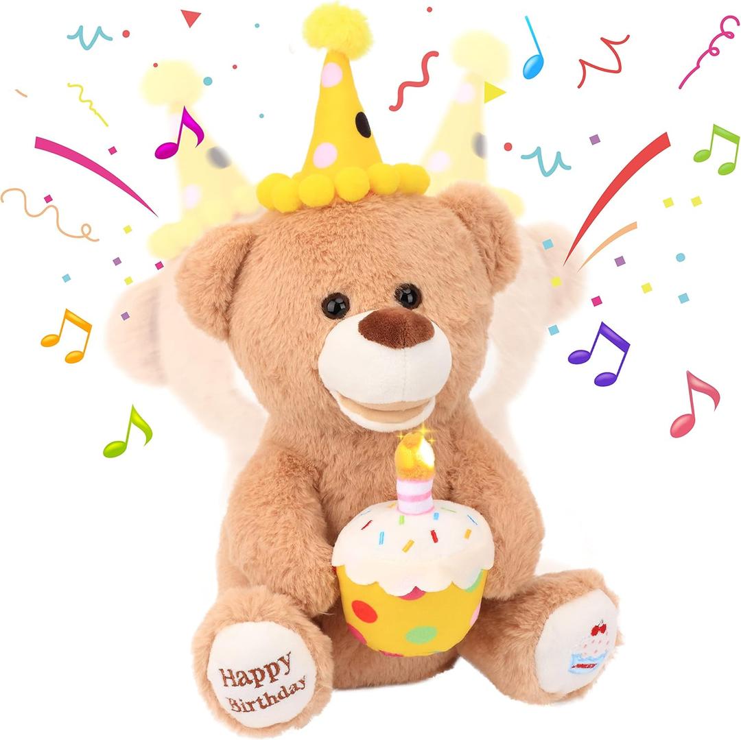 Hopearl Adorable Happy Birthday Teddy Bear with Glowing Cupcake Musical Stuffed Animal Bear Singing and Shaking Plush Toy Interactive Animated Kids Gifts, Brown, 15