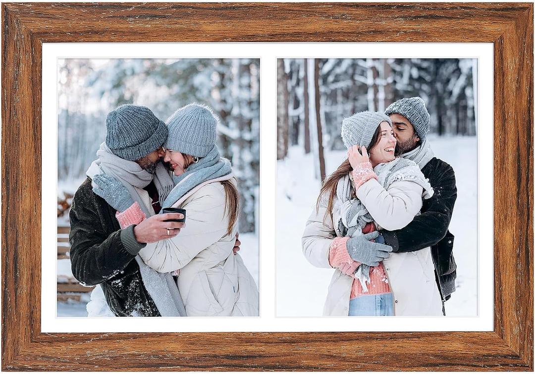 11x17 Picture Frame Display 2 opening 8X10 Double Picture Frame Collage,Multi Photo Frame with Mat,Plexiglass,Wall Mount Decor,Carbonized Brown Wood Grain