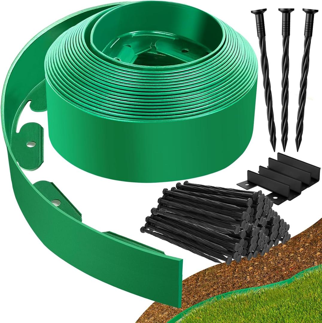 Landscape Edging Border - 60FT 4IN Tall Edging for Landscaping with 60 Stakes, 0.15" Thick No Dig Lawn Edging for Garden Border, Flexible Flower Bed Edging Borders for Yard, Terrace Board (GREEN)