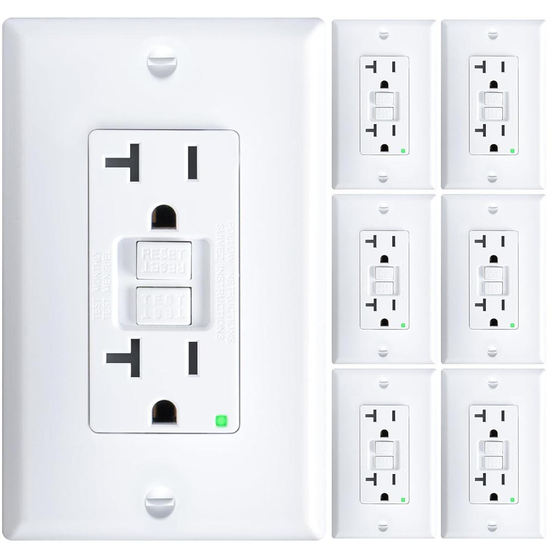 Amico 6 Pack GFCI Outlet 20 Amp with Thinner Design, Non-Tamper Resistant, Self-Test GFI Receptacles with LED Indicator, Wall Plates and Screws Included, Indoor, ETL Listed, White