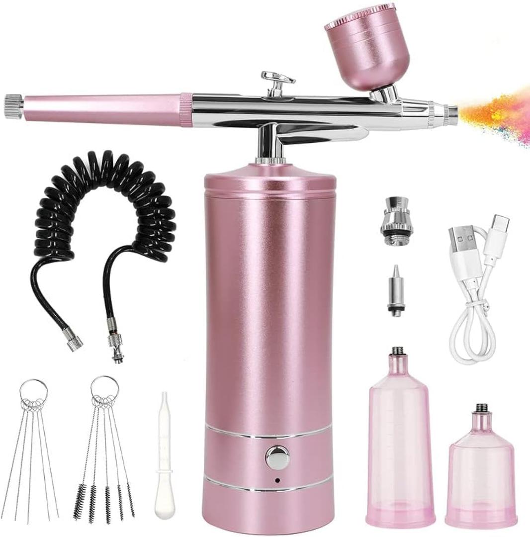 Airbrush Kit with Compressor, Auto Handheld Airbrush Gun with 0.3mm Tip, Rechargeable, Portable Air Brushes for Painting, Tattoo, Nail Art, Model Coloring, Makeup, Cake (Pink)