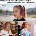 RORSOU C6 Active Noise Cancelling Headphones, Wireless Over Ear Bluetooth Headphones, 60H Playtime, Lightweight Folding Deep Bass Comfort Fit Ear Cups Headset with Mic for iPad/Travel/PC/Home Red