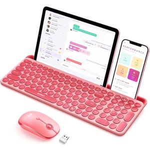seenda Bluetooth Keyboard and Mouse for iPad, Multi-Device Bluetooth + 2.4G Wireless Round Key Cute Keyboard Mouse with Tablet Holder for MacBook/Windows Computer, iOS/Andriod Tablet Phone Coral Pink
