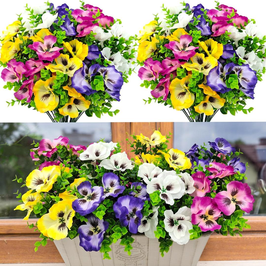 Pansies Artificial Flowers for Outdoors UV Resistant 8 Bundles Silk Pansy Plastic Fake Plants Flowers for Home Outside Garden Window Box Patio Planter Porch Decor (Mixed Color)