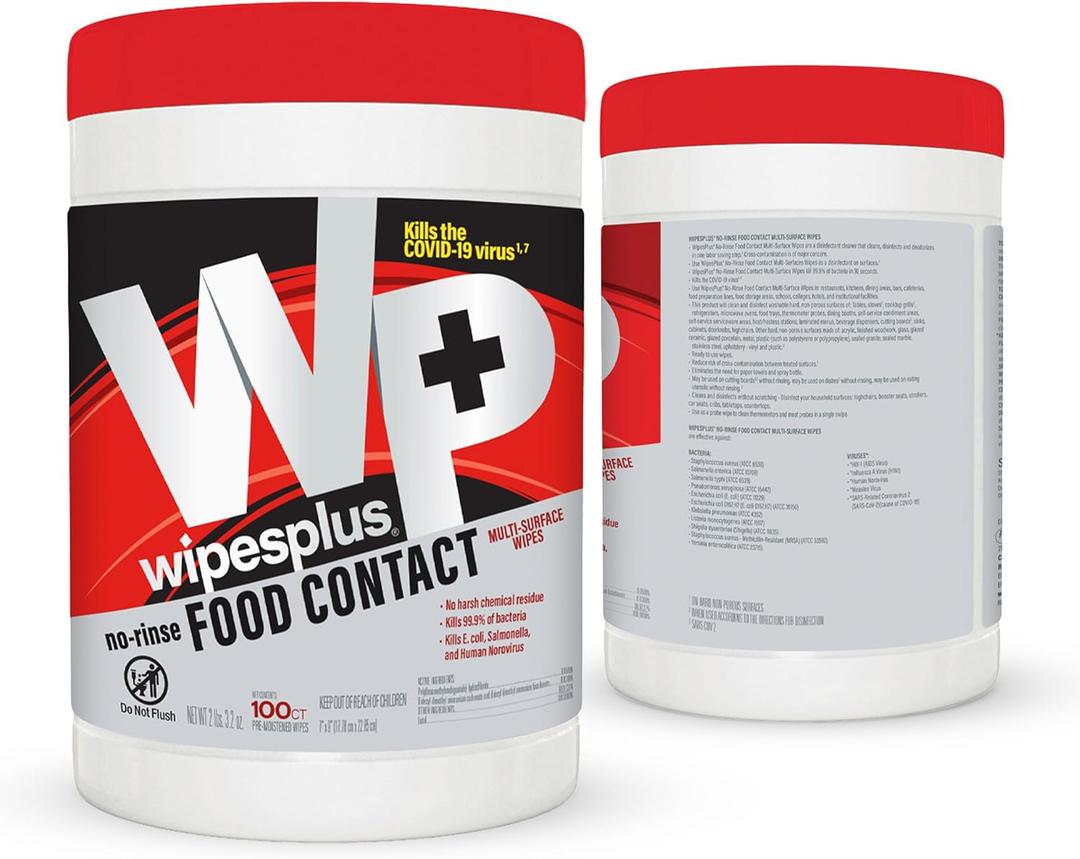 WIPESPLUS No-Rinse Food Contact Wipes Canister Multi-Surface Wipes, Unscented for Home and Business, 100, (1 Pack of 100)