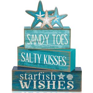 Yuntau 4 Pcs Summer Table Decorations Beach Tiered Tray Decor Starfish Coastal Rustic Wooden Block Sign Stacked Book Nautical Table Centerpiece for Farmhouse Home Living Room Office Desk Shelf Mantel