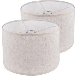 Lamp Shades Set of 2, Drum Lampshade for Table Lamps Floor Lamp, 13" Top X 13" Bottom X 10" High Beige Large Line Fabric Lamp Shades, Easy Assembly Replacement Lampshades