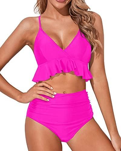 Tempt Me Women Two Piece Swimsuits High Waisted Bikini Set Ruffle Flounce Tummy Control Bottoms Bathing Suit, Size M