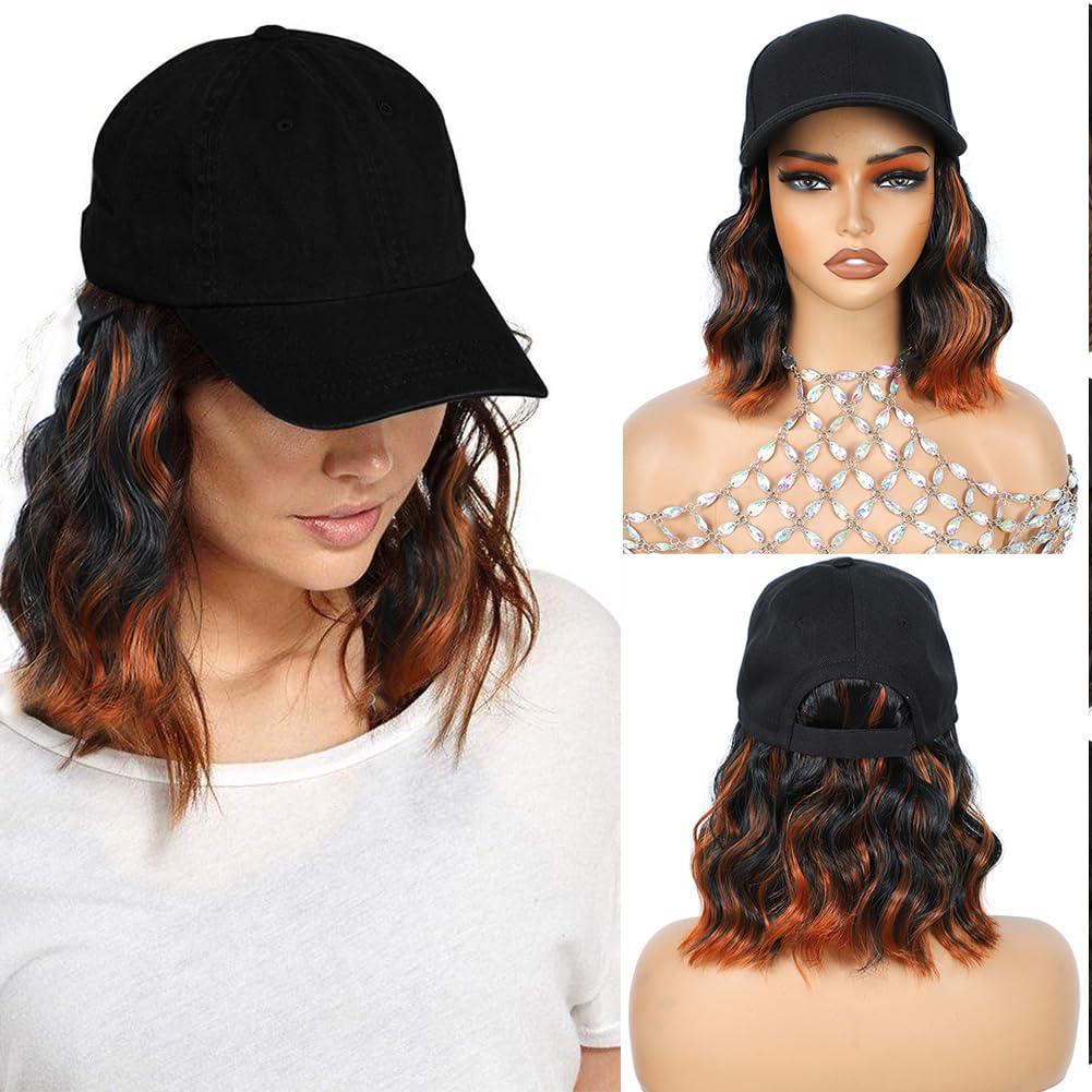 GUOJIAN Hat Wigs for Women 6' Short Wave Baseball Cap Wigs with Curly Hair Extensions Synthetic Wave Wig Adjustable Hat with Hair Attached for Daily Use (1B/350, 6inch)