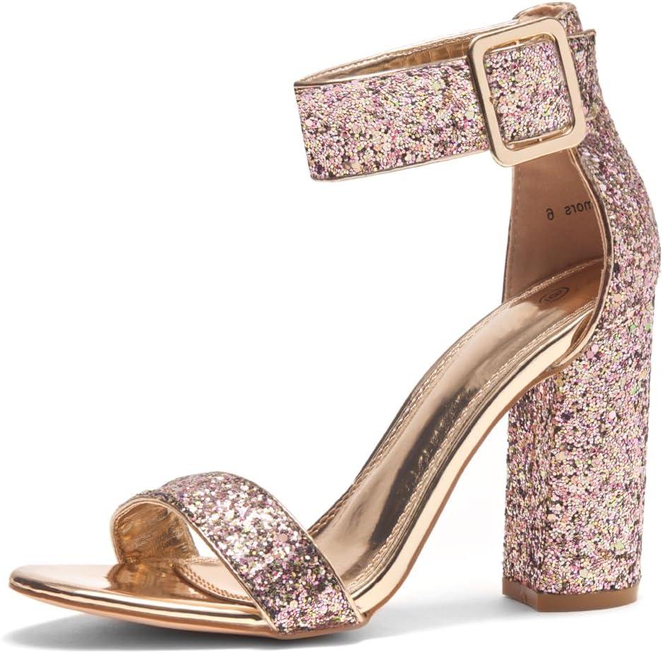 Herstyle Rumors Women's High Heels Open Toe Chunky Block Heeled Sandals with Ankle Strap  Dressy Strappy Heels for Prom Wedding Office, and Party (11, Goldglitter)