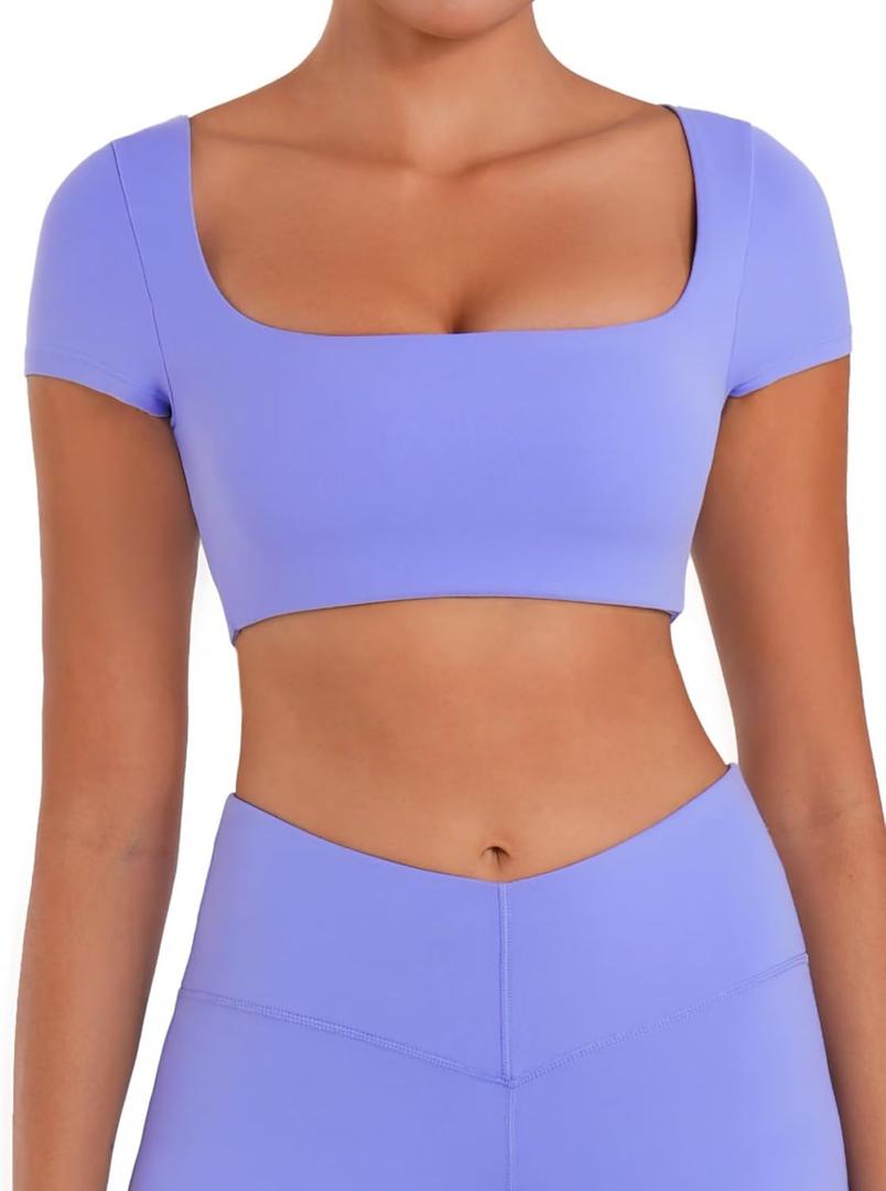 Sunzel Womens Short Sleeve Crop Top with Built in Bra Athletic Yoga T Shirt Casual Fitted Workout Gym Active Tee with Padding (XS, Periwinkle)