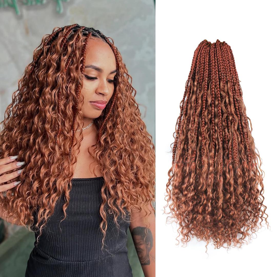 Boho Crochet Braids Human Hair 18 Inch Goddess Box Braids Crochet Hair for Black Women Human Hair Curls Pre looped Synthetic Boho Box Braid Crochet Hair Extensions(Ginger, 77Strands)