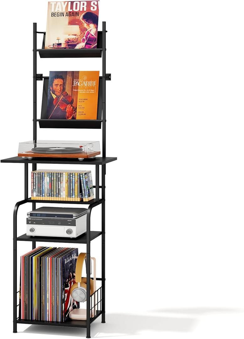 Record Player Stand with Vinyl Storage - 6-Tier Turntable Table with Adjustable Feet, Metal & Wood Cabinet - Console Organizer Display Shelf for Living Room, Apartment