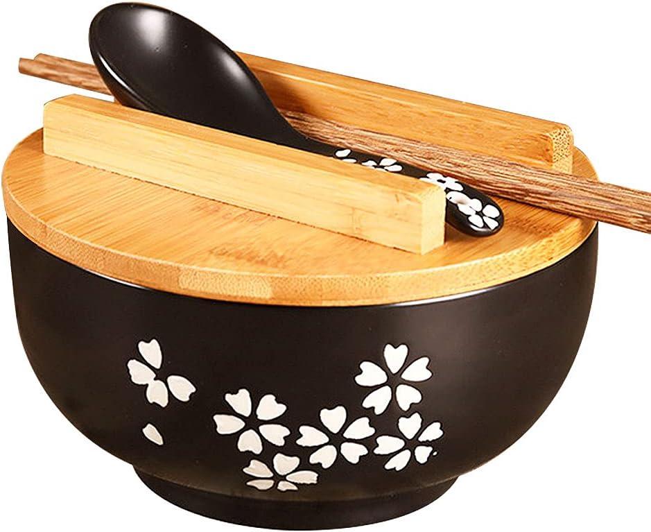 WHJY Black Ceramic Bowl with Lid, Spoon, Chopsticks for Soup, Rice, Noodles, Japanese Traditional Style Tableware