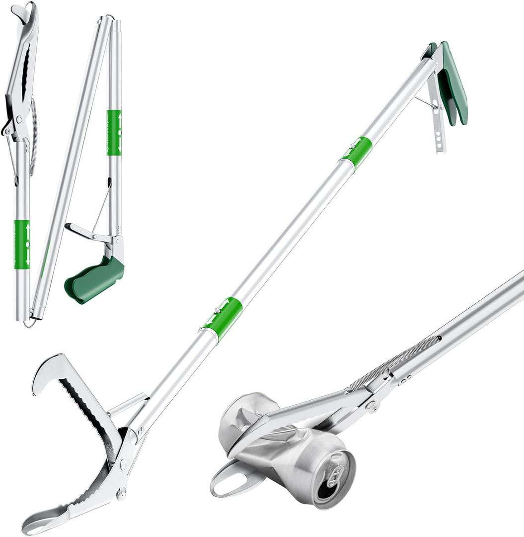 LURMMUE 50" Foldable Grabber Reacher Tool with Green Handle, Extra Long Lightweight Trash Pickup & Litter Picker, 3-Fold Stainless-Steel Reaching Aid for Home, Office & Garden Use