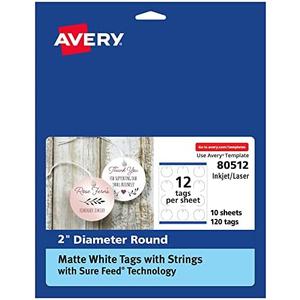 Avery Round Tags, Sure Feed Technology, 2" Diameter, Matte White, Strings Included, 120 Total, Print-to-The-Edge, Laser/Inkjet Printable (80512)