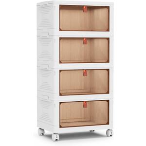 YSSOA 4 Tier Plastic Storage Bins with Lids - 23QT, Stackable Storage Containers with Wheels, Folding Storage Boxes, Collapsible Storage Bins, Closet Organizers and Storage for Living Room,Bedroom