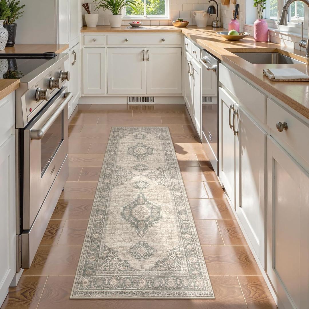 Lahome Oriental Kitchen Runner Rug Non Slip, 2x5 Washable Hallway Runner with Rubber Backing, Vintage Hallway Rug Ultra-Thin Soft Carpet for Bedroom Bathroom, Grey/Brown