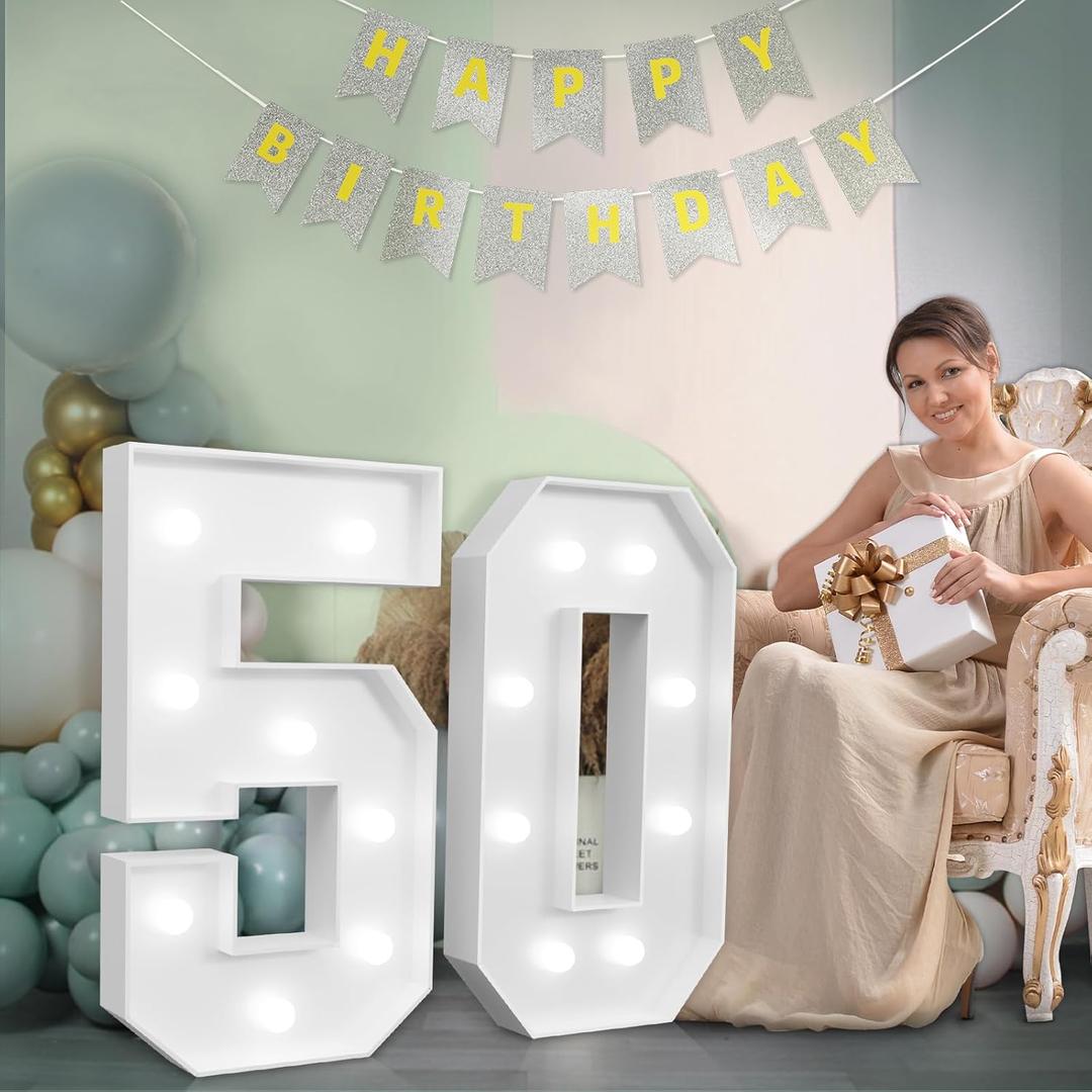 imprsv Marquee Numbers Large 50th-Birthday Decorations: 3ft Light Up Number 50 Birthday Decoration for Women Men Fifty Year Old Anniversary Party Decor Backdrop Cardboard Big Mosaic Number 50 (White)