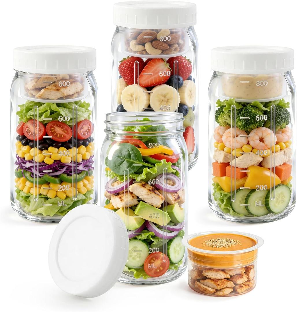 Aabberson 4Pack Glass Salad Jars with lids meal prep- 32oz Leakproof container for lunch | Comes with 2 Built-In Compartments for Wet/Dry Separation | salad dressing and dry ingredients storage. (White)