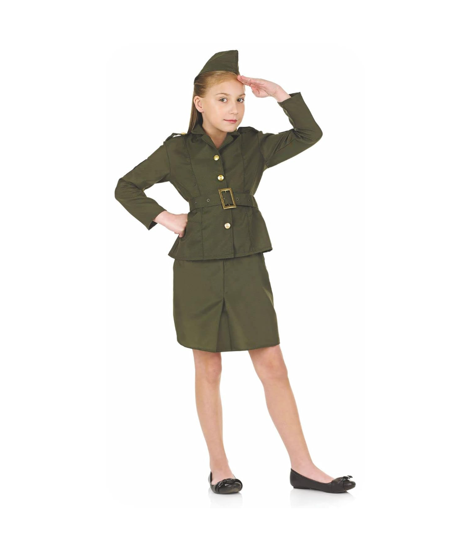 fun shack WW2 Army Girl Costume for Kids, Army Girls Halloween Outfit, Military Dress Up for Girls,XL