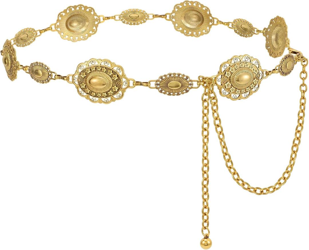Women Western Metal Chain Belt Concho Belt Cowgirl Waist Link for Jeans Dresses Concert Boho (Fit waist up to 45, Vintage Gold)