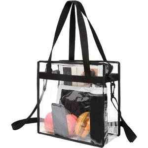 BAGAIL Clear Bags Stadium Approved Clear Tote Bag with Zipper Closure Crossbody Messenger Shoulder Bag with Adjustable Strap (Black)