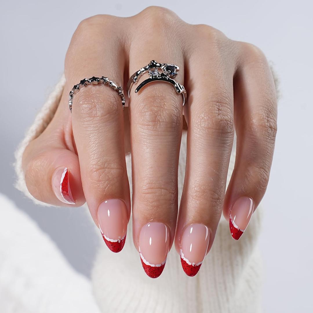 Red French Tip Press On Nails Twinkle Short Almond Glitter Red French Tip Nails with a Glossy Finish, Press On Nails Reusable Stick On Nails in 16 Sizes, 32pcs False Nail Kit for Women & Girls